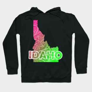 Colorful mandala art map of Idaho with text in pink and green Hoodie